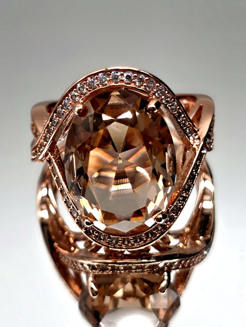 6 CTW Cubic Zirconia Rose Gold Plated  Oval Champagne Statement Ring Size 7